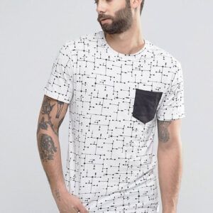 White Geometric Print T-Shirt with Contrast Pocket
