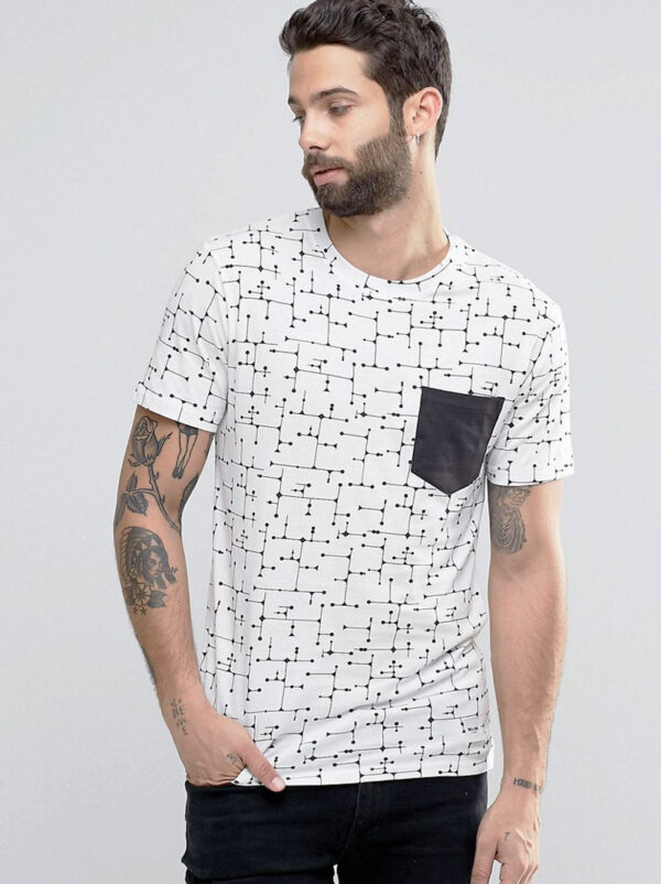 White Geometric Print T-Shirt with Contrast Pocket
